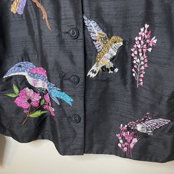 VTG 80s Blutique Black 100% Silk Jacket Multicolor Embroidered Birds Birding XS - Picture 10 of 15